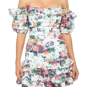 Zimmermann Allia pintuck Floral Off-Shoulder Ruffle Dress - see size chart!